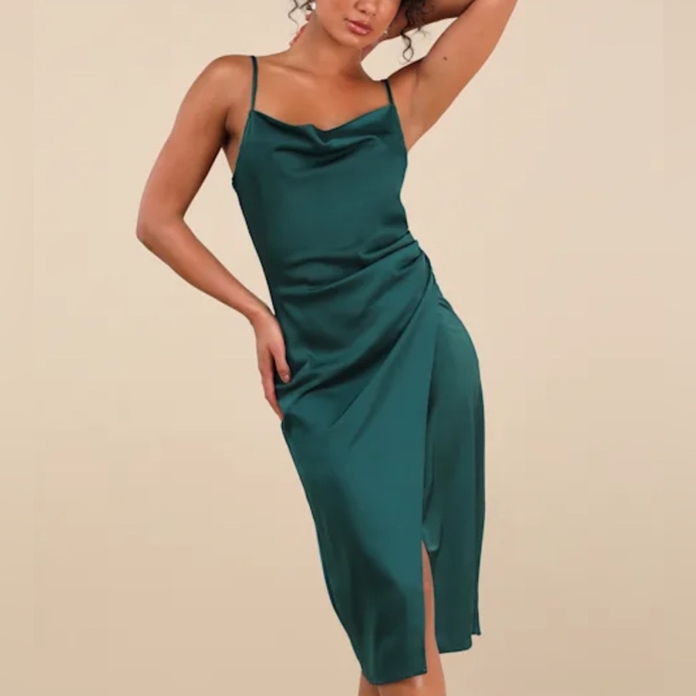 Lulu’s Emerald Satin Get Glam Dress